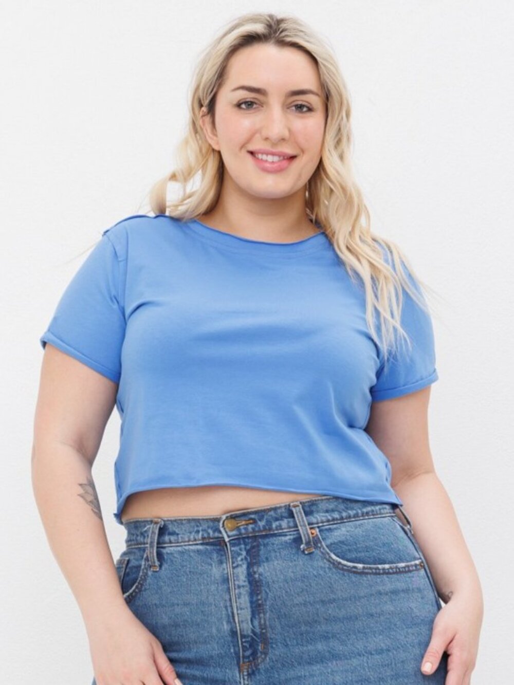 246. French Blue Knit Rough Edge Boxy Crop Top Tee